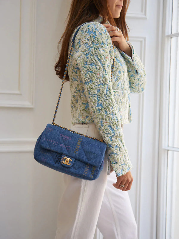 Chanel Denim Medium Rectangle Signature Print Flap Bag