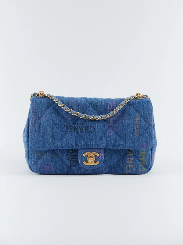 Chanel Denim Medium Rectangle Signature Print Flap Bag