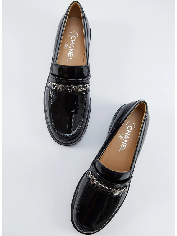 Chanel Shiny Patent Calfskin Loafers (Black)